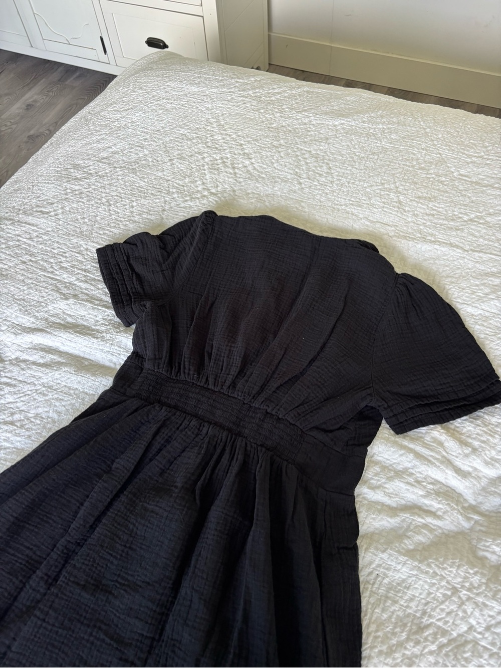 Boden 100% Cotton Black V-Neck Textured Empire Waist Dress | US 8L - Picture 5 of 12